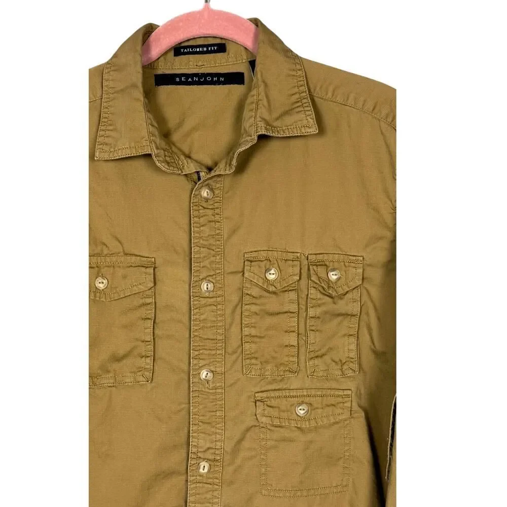 Sean John Mens Shirt Tailored Fit‎ Button Up Long Sleeve Sz Medium Golden Brown